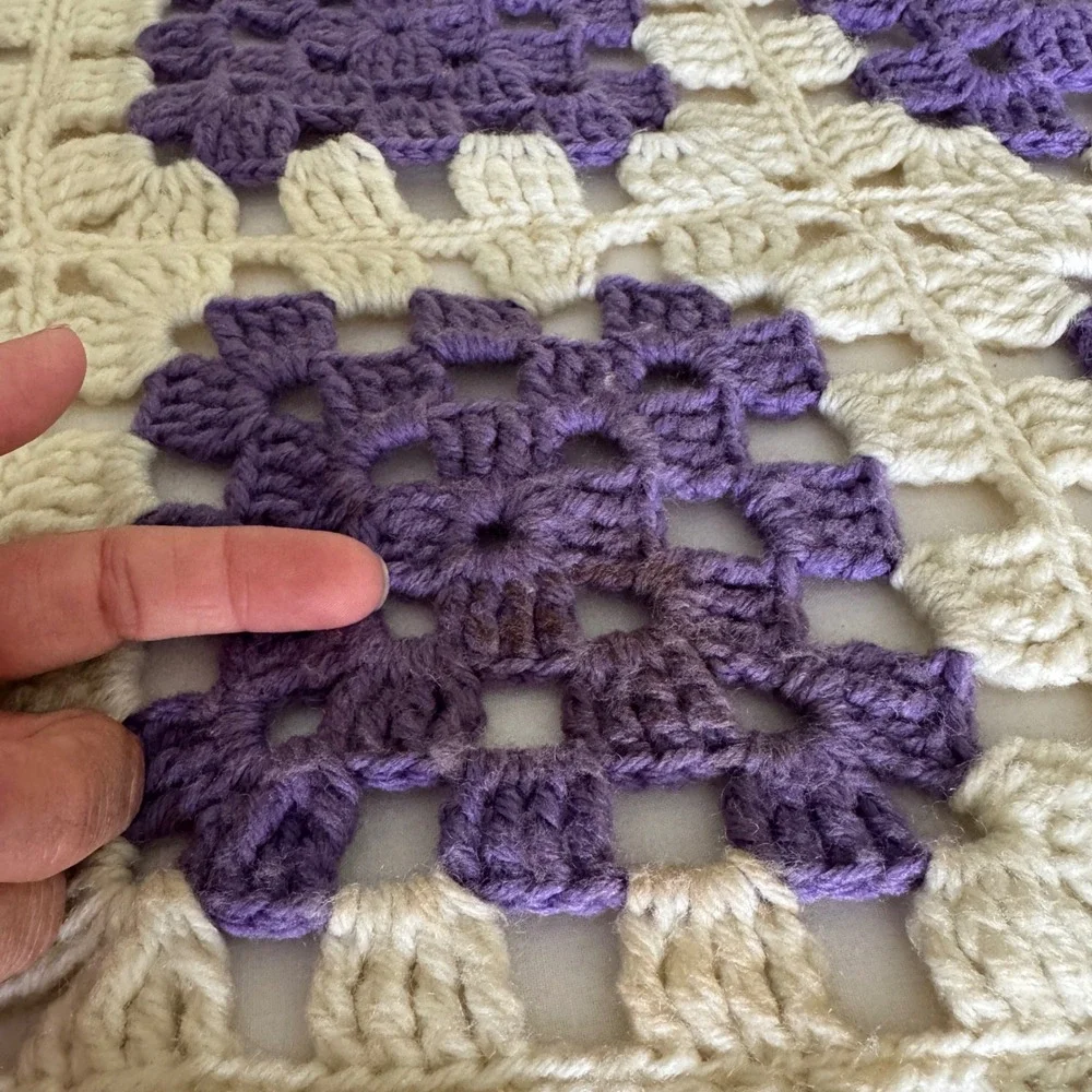 Vintage Handmade Crochet Granny Square Blanket Purple Cream Tassel Fringe King